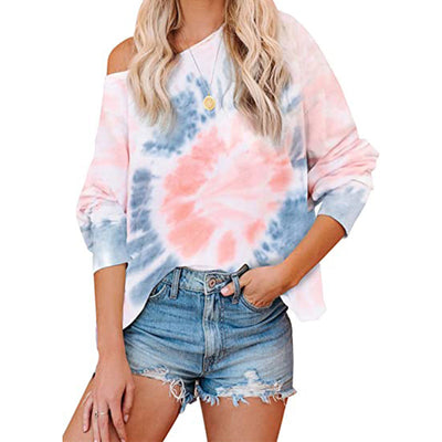 Women's Fashion Tie Dye Shirts Tops Round Neck Loose Top Off Shoulder Soft Pullover Sweater Blouse
