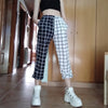 2022 autumn splicing checkered plaid trousers casual high waist B & W grid cargo pants with pockets