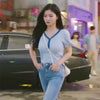 Kpop Asian Stars Nova V-neck buttons up short sleeved T-shirt women summer top niche and chic