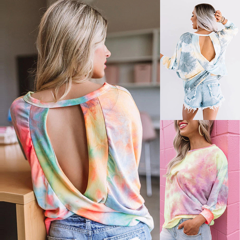Sexy Round neck Open Back Sweater Autumn 2020 Loose Tie Dye Gradient long sleeve Pullover Top