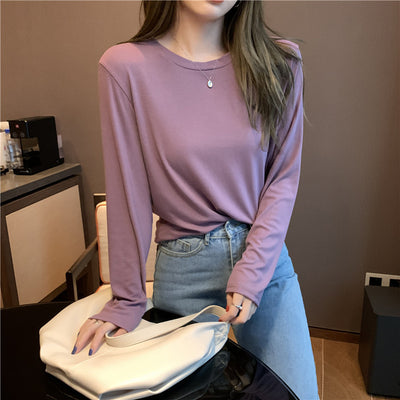 Basic einfarbiges modales T-Shirt Top für Damen Herbst 2021 elastisches Rundhals-T-Shirt mit Rundhalsausschnitt
