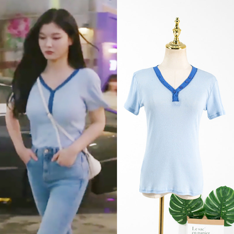 Kpop Asian Stars Nova V-neck buttons up short sleeved T-shirt women summer top niche and chic