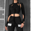 Faux 2 pc spaghetti hollow cut strappy round neck slim fit T-shirt chic gothic top pullover
