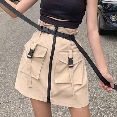 New Harajuku style street fashion A-line skirt vesatile pockets zipper placket cargo skirt with belt