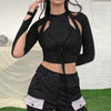 Faux 2 pc spaghetti hollow cut strappy round neck slim fit T-shirt chic gothic top pullover