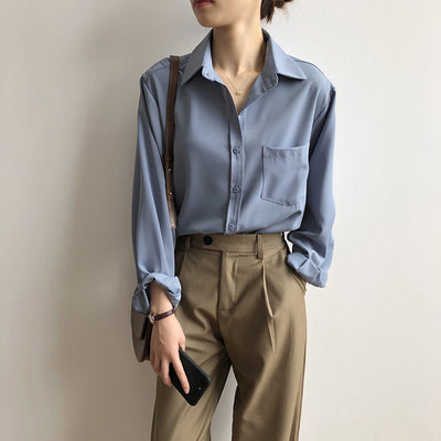 2021 neue schicke einfarbige Bluse einfaches Temperament Langarm-Revershemd für Frauen