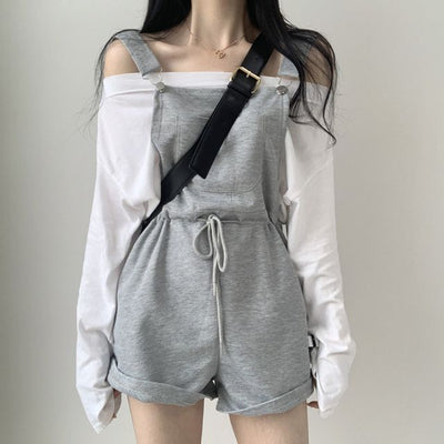 chic casual versatile set high waist loose fit jumpsuit overall + long sleeve T-shirt 6166
