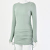 Women 2020 draw rope pleated long sleeve round neck ruched mini dress knitwear great shape all cotton dress