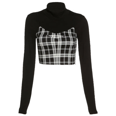 Gothic Kawaii European plaid high collar T-shirt sling cami vest two piece set splicing style