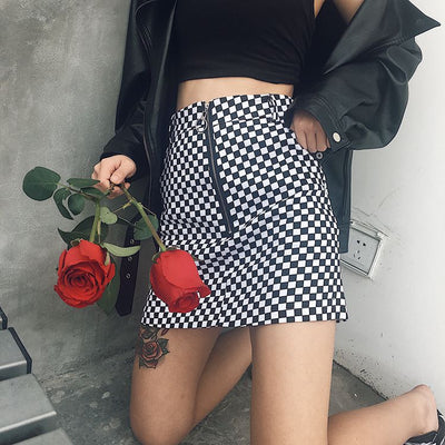 harajuku bf style black and white grid plaid chessboard A line baggy skirt with zipper