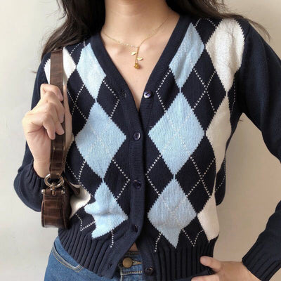 retro American College Style V-neck Argyle Plaid long-sleeved jacket knitted women cardigan Sweater