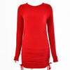 Women 2020 draw rope pleated long sleeve round neck ruched mini dress knitwear great shape all cotton dress