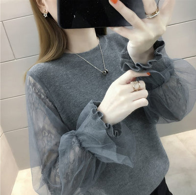 2021 Korea Fashion Lace Strickpullover Frauen Puffy Laced Sleeve Strickoberteil