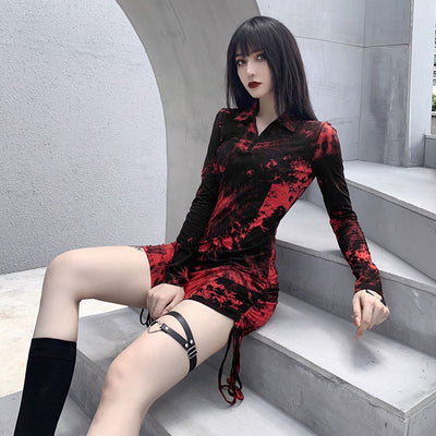 Krawattengefärbter Kordelzug Minikleid Reißverschluss Langarmrock für Femme Dark Gothic