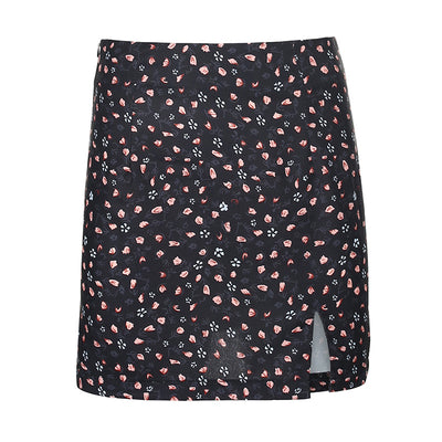 2021 asymmetric floral print short A-line skirt summer high waisted split hem for women