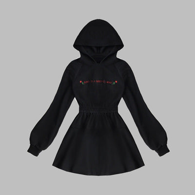 Dark Gothic Little Rose Embroidered Hooded Dress Sweater Hoodie Little Black Dress