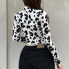 milk cow print slim fit sexy dew umbilical T-shirt turtle neck top