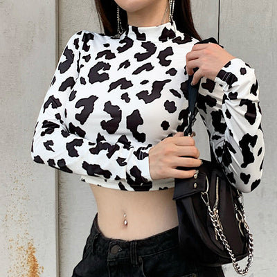 milk cow print slim fit sexy dew umbilical T-shirt turtle neck top