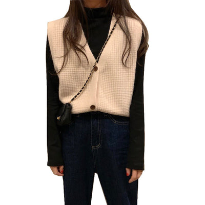 Knitted woolen vest jacket new V-neck button placket loose lazy style sweater undershirt sleeveless cardigan