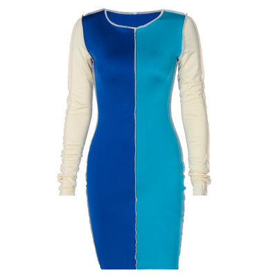 2020 fashionable winter autumn new long sleeve slim fit mini dress Block Color Stitching