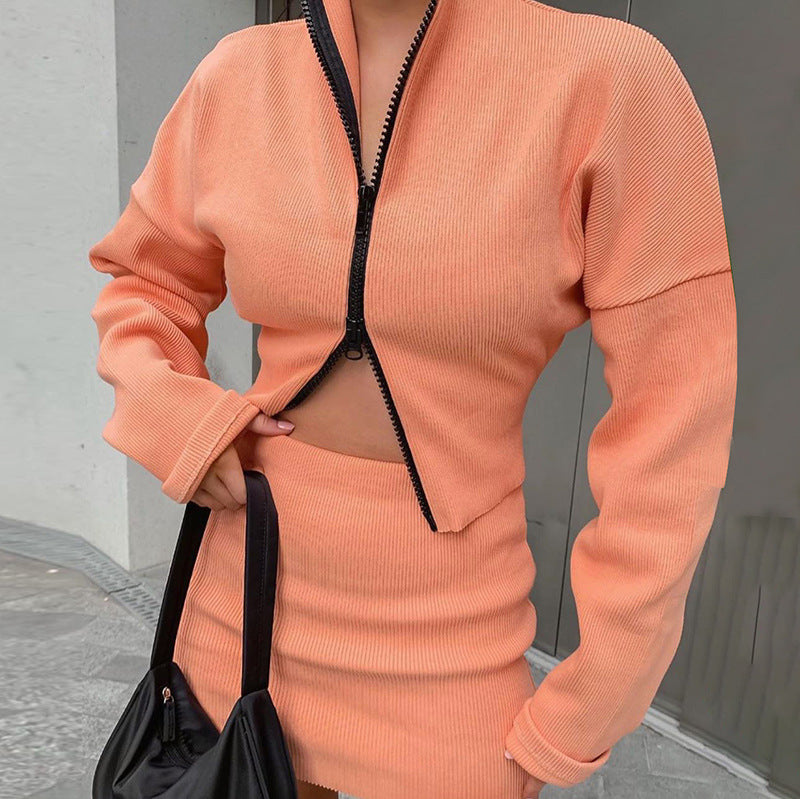 2pc set leisure suit women 2020 autumn new double zipper loose fit top coat mantel pencil dress