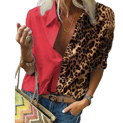 2020 Women Long Sleeve Printed leopard color block loose fit shirt chiffon shirt plus size Urban Leisure blouse
