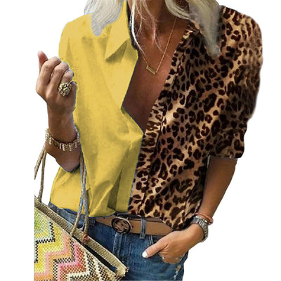 2020 Frauen Langarm Bedruckte Leoparden Farbblock Loose Fit Shirt Chiffon Shirt plus Größe Urban Leisure Bluse