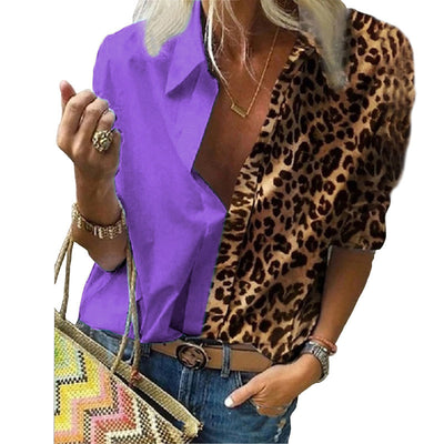 2020 Frauen Langarm Bedruckte Leoparden Farbblock Loose Fit Shirt Chiffon Shirt plus Größe Urban Leisure Bluse