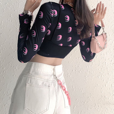 Kpop dancing sexy camisole fashion moon printed T-shirt street hipster two-piece set