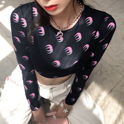 Kpop dancing sexy camisole fashion moon printed T-shirt street hipster two-piece set