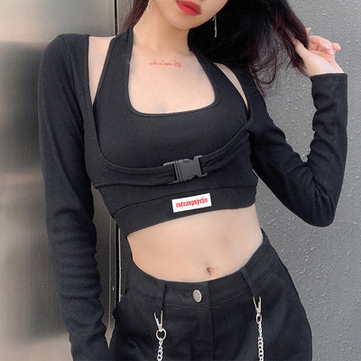 Halter neck 2 pc set long-sleeved blouse for spicy girls slim fit crop short baggy buckle sports top