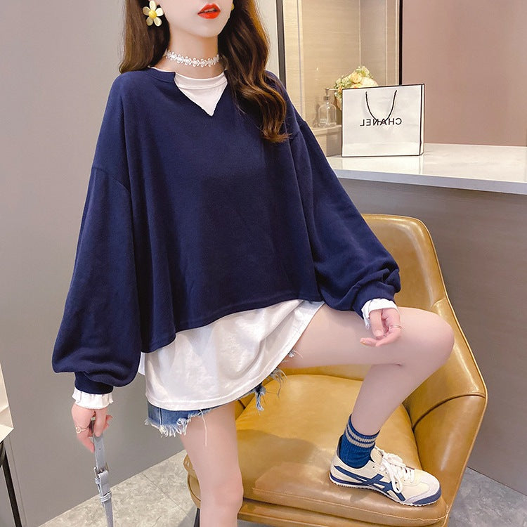2022 new fake 2 piece pullover loose fit clothes long-sleeved oversize sweater jumper plus size