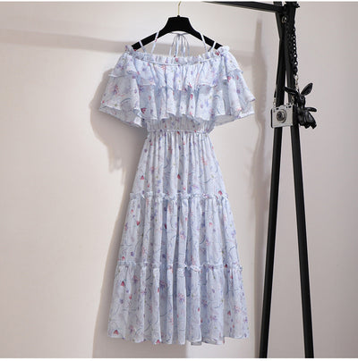 3D deco fairy maid frilly skirt off shoulder floral print chiffon ruffle dress