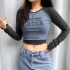 Letters printed agaric trim 2in1 fake 2 piece outfit contrast color crop top women tee long sleeve T-shirt