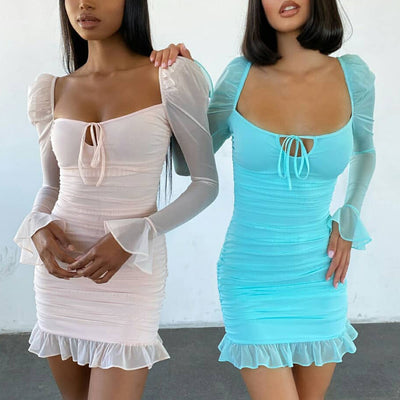 long sleeved mesh pleated minidress women slim fit ruched square neck sexy dress