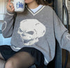 2021 European Gothic College Sweatshirt V-Ausschnitt mit Totenkopf-Print, locker sitzende Strickjacke mit Strickjacke