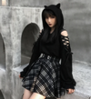 Girl Gothic Lace Up Schultern Ernte Hoodie mit Katzenohren High Waist Plaid Pettiskirt geschmückt