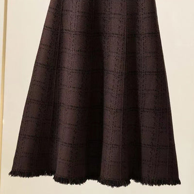 2022 Long Knitted Skirt Woolen Dress Tassels Hem Plaid High Waist Skater Warm Knitwear for Women