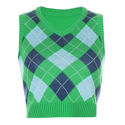 2022 British Style jacquard V-Neck Sweater Argyle Vest Knitwear Crop Top for Women