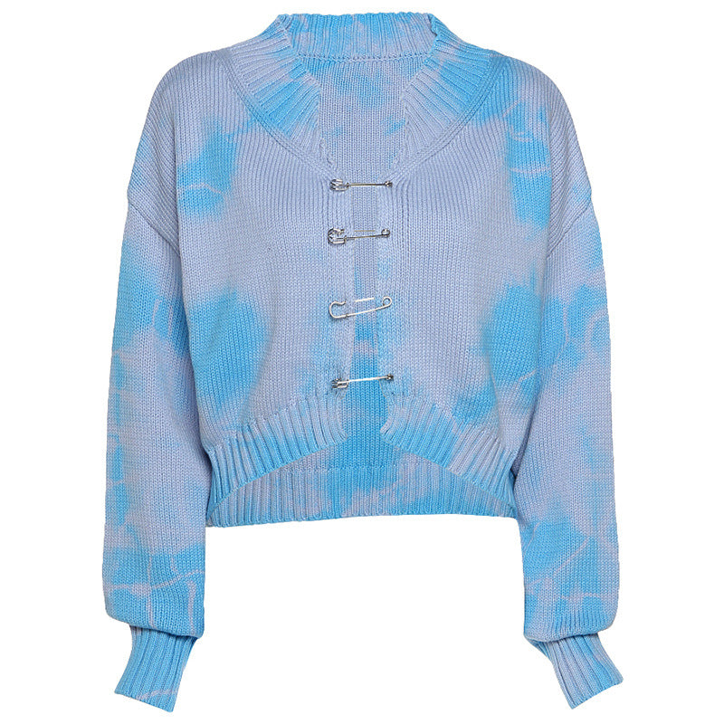 2022 Tie Dye Knitwear loose fit Woolen cardigan blazer crop top fashionable casual sweater for women