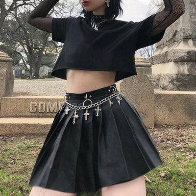 Punk metal dark gothic faux leather pleated skirt high waist pleated skater for women