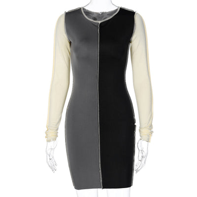 2020 fashionable winter autumn new long sleeve slim fit mini dress Block Color Stitching