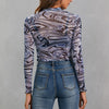 2021 European ruffle frill printed semi-high collar long sleeve slim fit crop top tee women mesh blouse