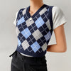 British Style jacquard Plaid V-Neck Sweater Vest Top for Women Argyle Knitwear Pullover