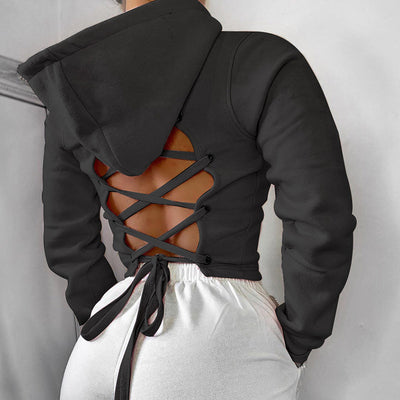 hollowcut back european hoodie drawstring crop top women pullover lace up jacket