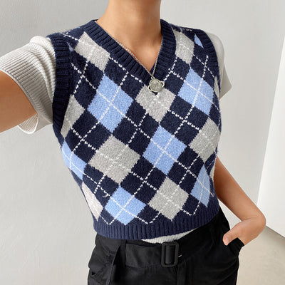 British Style jacquard Plaid V-Neck Sweater Vest Top for Women Argyle Knitwear Pullover