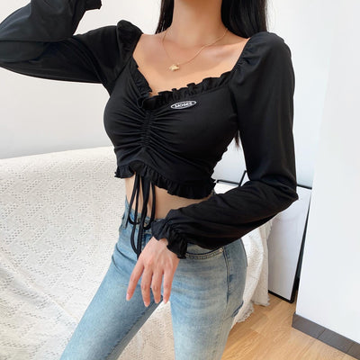 Dew umblical retro sexy ruched drawstring flared sleeve square collar long-sleeved T-shirt shirt women top