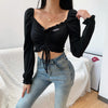 Dew umblical retro sexy ruched drawstring flared sleeve square collar long-sleeved T-shirt shirt women top