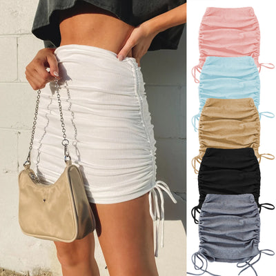 knitted mini A-line skirt sexy stretchable pleated adjustable drawstring hip skirt