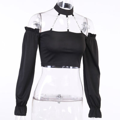 Dark gothic chain hanging neck top long-sleeved strapless halter neck undershirt cami vest